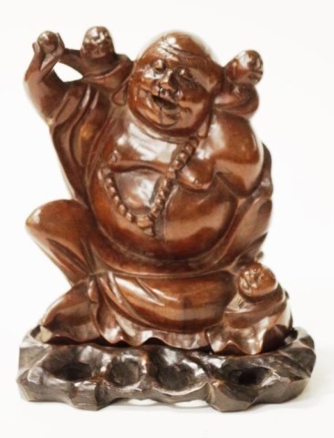 Chinese carved wood Budai figure on stand seated carved wood...