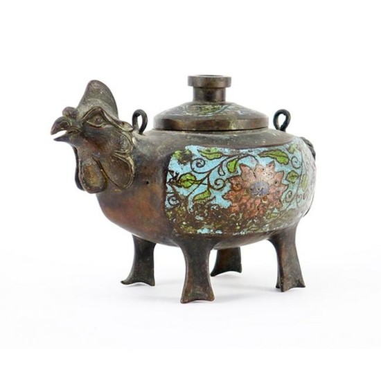Chinese patinated bronze and cloisonné chicken incense
