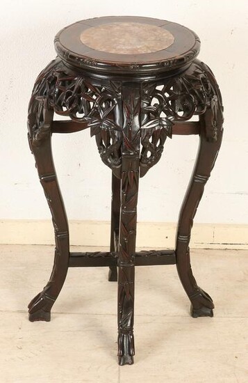 Chinese wood carved hocker with bamboo decor and marble
