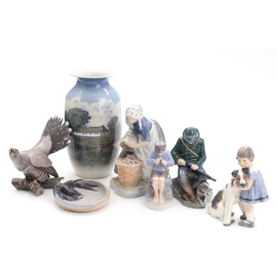 Chr. Thomsen, Jens Peter Dahl-Jensen a.o.: A selection of porcelain figurines, vase and ashtray. H. 3–32 cm. (7)