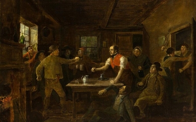 Circle of Sir David Wilkie, RA, Scottish 1785-1841- Rivalry at the pub; oil on canvas, bears signature and date 'David Wilkie 1817' (centre left), 71.5 x 91.5 cm. Provenance: Private Collection, UK.