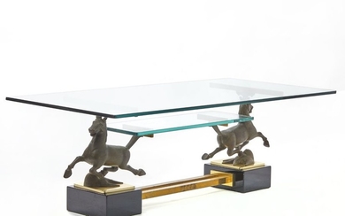 Coffee table with bronze base and double crystal...