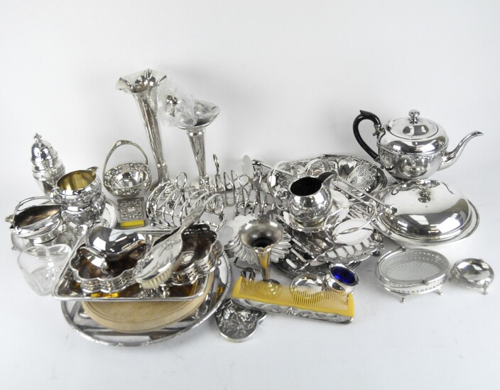 Collection of silver plated wares, including toast racks, teapots, pair of vases