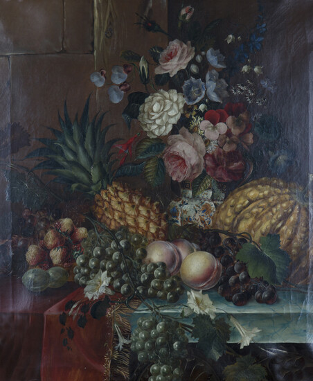 Continental School - Still Life with Summer Flowers, Pineapple, Pumpkin, Grapes and Strawberries, 19