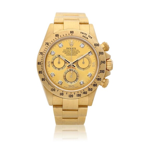 Cosmograph Daytona, Reference 116528H | A brushed yellow gold and diamond-set chronograph wristwatch with bracelet, Circa 2014, Formerly in the collection of Eric Clapton, CBE | 勞力士 | Cosmograph Daytona 型號116528H | 黃金鑲鑽石鏈帶腕錶，約2014年製，原為 Eric Clapton...