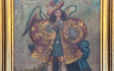 Cuzco school oil on canvas, Archangel arcabucero in a plumed...
