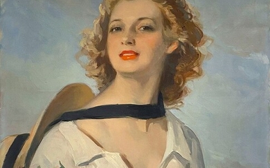 Cyprien Eugène BOULET (1877-1927) Portrait de jeune femme au bouquet de roses Huile sur toile...