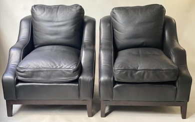 DUDGEON ARMCHAIRS, a pair, bespoke piped grained black leather...