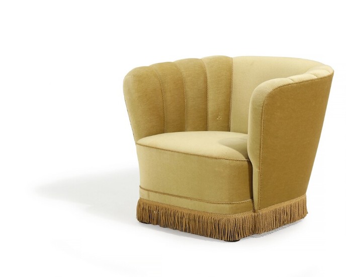Danish furniture design: Easy chair upholstered with yellow velour, stained beech legs. 1930–40s.