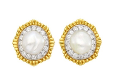 David Webb Pair of Gold, Platinum, Baroque Cultured Pearl and Diamond Earclips
