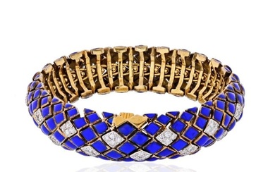 David Webb Platinum & 18K Yellow Gold Blue Enamel And Diamond Bracelet