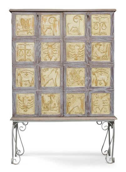 Designer Unknown, French Art Deco Zodiac cabinet on later wrought iron stand, circa 1940, Painted and limed oak, painted iron, 141cm high, 96cm wide, 32cm deep