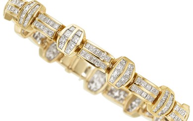 Diamond, Gold Bracelet The bracelet features square brilliant-cut diamonds...