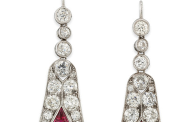 EARLY 20TH CENTURY ONYX, SYNTHETIC RUBY AND DIAMOND EARRINGS