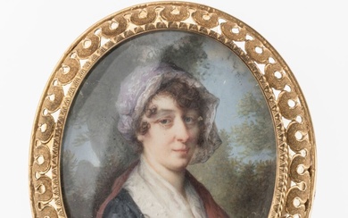 ECOLE FRANCAISE fin XVIIIème - début XIXème siècle. Portrait de femme en robe bleue et...