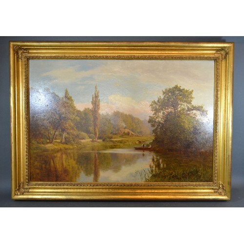 E.H. Holder 'Rural Lake Scene with Figures in a Punt' oil on...