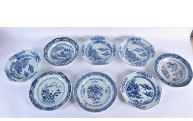 EIGHT 18TH CENTURY CHINESE EXPORT BLUE AND WHITE DISHES Qian...