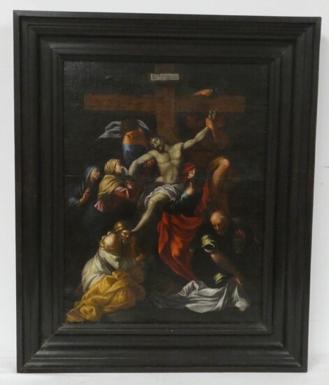 École italienne du XVII° siècle "La descente de croix" Huile sur toile maroufflée sur panneau....