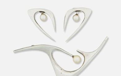Ed Wiener, Silver, cultured pearl brooch and earrings