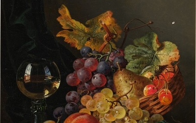 Edward Ladell Still Life with Plums, Peaches, Grapes and Glass and a Carpet on a Marble Tabletop; Still Life with Peaches, Grapes, Raspberries in a Basket with a Glass of Wine: a pair