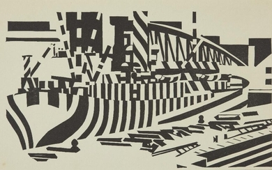 Edward Wadsworth ARA, British 1889-1949, Dazzle Ship in Dry Dock, 1918; woodcut in black on wove, dated in pencil, 14 x 23.8 cm, (unframed) Note: You can find a similar example in the V&A, accession number: E.3304-1980