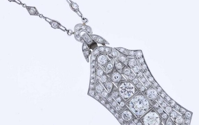 Art Deco Platinum Diamond pendant and chain, @8.75ctw