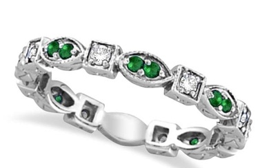 Emerald and Diamond Eternity Ring Anniversary Band 14k White Gold