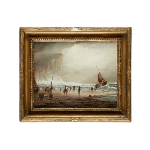 English School, 19th century Fishing boats in stormy waters ...