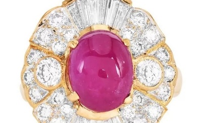 Estate Cabochon Ruby 6.52cts Diamond 18K Gold Cocktail Ring