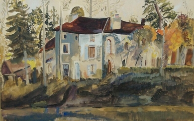 European School, mid-20th century- View of a house by a river; pencil, watercolour, and gouache heightened with white on paper, inscribed 'Availles-Limoas / Rabino' (lower right), 32 x 46.5 cm.