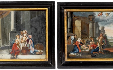 Europese school, paar verre églomisé schilderingen met religieuze voorstellingen. Een beschadigd, 18e-19e eeuw.