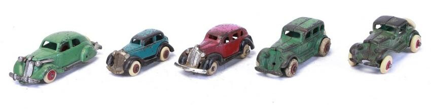 FIVE CAST IRON TOY CARS INCLUDING HUBLEY