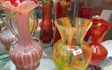 FIVE VARIOUS COLOURED GLASS VASES