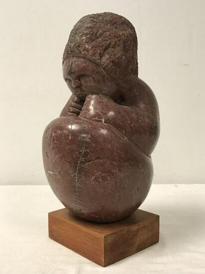 FOLK ART CARVED MARBLE CROUCHING BABY, H 14"