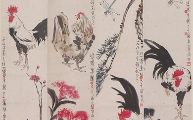 FOUR PANELS CHINESE PAINTING OF COCK AND FLOWERS