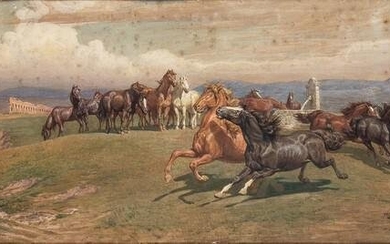 FRANCESCO COLEMAN (Rome, 1851 - 1918): Grazing horses