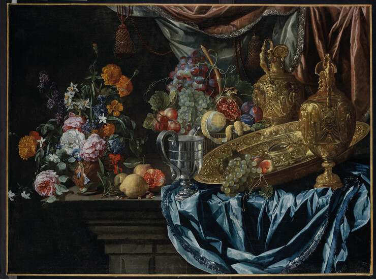 FRANÇOIS HABERT (ACTIF EN FRANCE AU MILIEU DU XVIIe SIÈCLE), Nature morte aux pièces d'orfèvrerie, fruits et fleurs sur un entablement de pierre