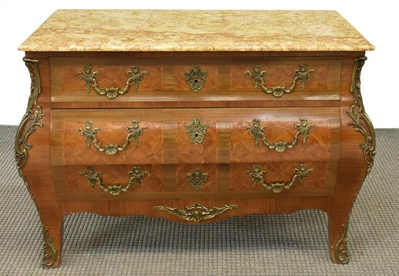 FRENCH LOUIS XV STYLE MARBLE-TOP PARQUETRY COMMODE