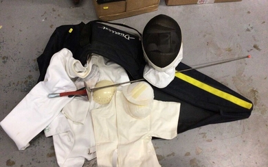 Fencing equipment, including foil, helmet, clothing, etc