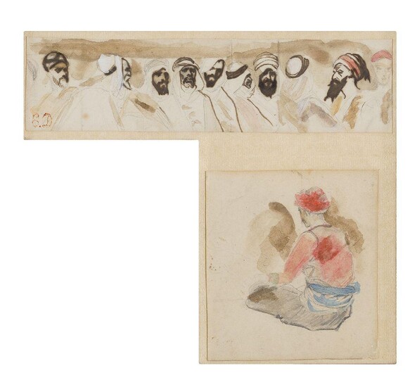 Ferdinand-Victor-EugÃ¨ne Delacroix, French 1798-1863- Two sketches: The head and shoulders of ten Arab men; and A seated boy wearing a turban; the first pencil, brush and brown ink, and watercolour on paper, the second pencil and watercolour on...