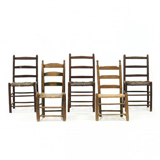 Five Antique Primitive Ladderback Chairs