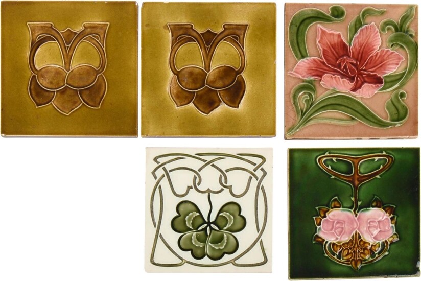 Five English Ceramic Floral Tiles.