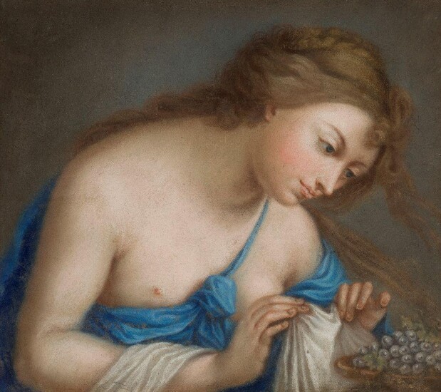 Follower of Jean-Baptiste Greuze, French 1725-1805- A woman in a blue robe, bust-length, with a bunch of grapes; pastel on paper laid down on canvas, 28 x 32.4 cm. Provenance: Private Collection, UK.