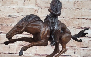 Frederic Remington Arizona Cowboy on Horse Art Deco Western Bronze Sculpture