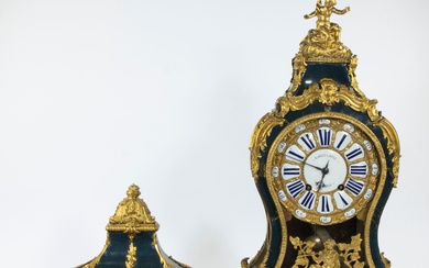 French 19th century cartel clock on console with finely chiselled gilt dial, marked Bailly Laine A Paris, with white enamel cartouches and Roman scales painted in blue, black case decorated with brass and carved gilt lea