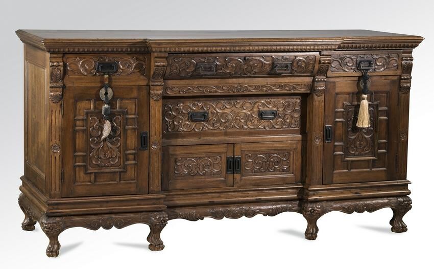 French Provincial style buffet w/Asian carvings, 72"w