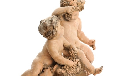 French sculptor, 19th century: A terracotta figure group of Bacchic putti. Signed Le Brun. H. 51 cm.