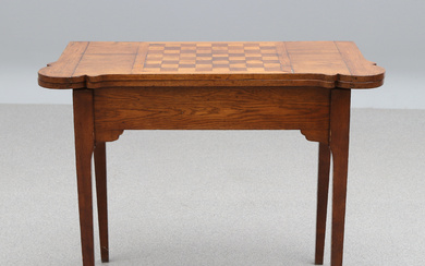 GAMING TABLES. Oak with intarsia decor in the form of a chessboard. Late Gustavian provincial work, 17th/19th century. With backgammon decor.