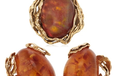 GILBERT ALBERT AMBER AND GOLD EARRINGS AND UNSIGNED FIRE OPAL RING