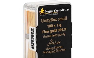 GOLDbarren - Unity Box Gold, 100 x 1g Feingoldbarren geprägt, Hersteller Heimerle+Meule